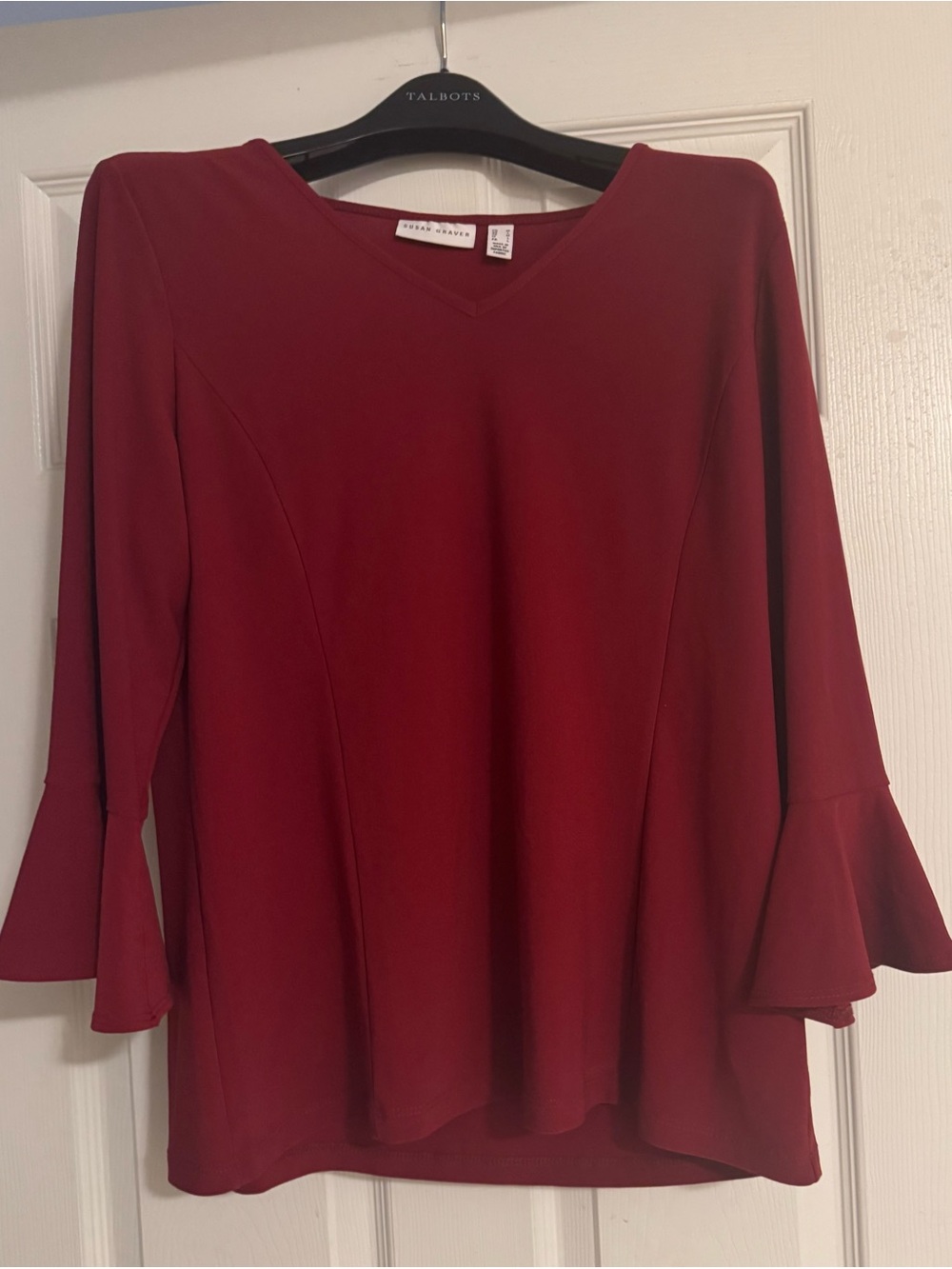 Susan Graver “Liquid Knit”  Bell Sleeve Top in Burgundy
